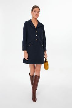 Timeless and cozy, chic and sophisticated the Navy Malia Dress draws inspiration from vintage pieces and adds modern touches to create the perfect wardrobe staple. Made from thick fabric, this mini features a collar that can be left folded over or stood up and gold button accents for classic detailing that we never get tired of. Keeping you warm through chilly days, from work to play we are pairing this with boots and gold accessories for an effortlessly chic vibe. Stand collar Bracelet length s Preppy Capsule Wardrobe, Tuckernuck Dress, Jackie Dress, Stood Up, Dress Drawing, Black Tweed, Statement Dress, Cozy Chic, Perfect Wardrobe