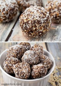 two pictures of chocolate coconut balls in a white bowl and on the right, there is an image of several different kinds of bites