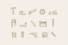 various tools are shown in this line art drawing style, including hammers, saw and other