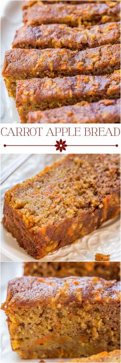 sliced carrot apple bread on a plate with the words carrot apple bread in front of it