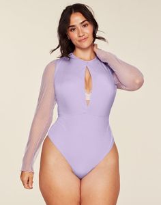 The Kelsee body-hugging bodysuit features a plunge center cutout with dot mesh sleeves and a button closure at the back of the neckline & on the crotch. Style this bodysuit with jeans or a skirt to bring a ballet feel to your wardrobe. (Available in plus-sizes 1X-4X.) Bodysuit With Jeans, Purple Bodysuit, Lingerie Catalog, Adore Me, Medium Purple, Mesh Sleeves, Sheer Fabrics, Soft Knits, Victoria’s Secret