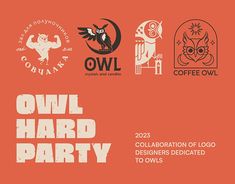 the owl hard party logo is shown in orange and white, with other logos around it