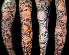 three different types of tattoos with skulls on their arms and legs, all in black and white