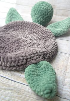 a green and gray turtle rug laying on top of a wooden floor