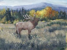 a painting of an elk standing in a field