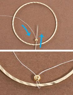 two pictures showing how to make a necklace with metal wire and gold plated beads