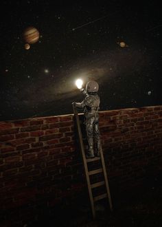 an astronaut is standing on a ladder and looking at the stars in the night sky