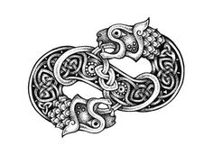 the letter s is made up of celtic designs and has two heads on each side