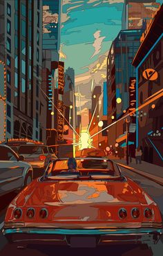 an image of a car driving down the street at sunset or sunrise with buildings in the background