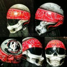 three different types of motorcycle helmets with skulls on the sides and red bandannas