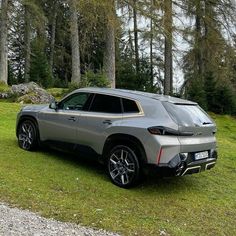 a silver suv parked on top of a lush green field next to trees and rocks