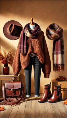 Embrace the autumn season with this cozy and stylish fall outfit! Featuring a rich burgundy oversized knit sweater paired with dark skinny jeans, this look is perfect for cool fall days. Brown ankle boots, a plaid scarf, and a wide-brimmed felt hat complete the ensemble, adding the perfect touch of fall flair. Ideal for those who love to stay warm and fashionable. #FallFashion2024 #CozyOutfit #AutumnStyle #ChicAndWarm Deep Autumn Outfits For Winter, Outfits With Brown Boots Ankle, Dark Brown Ankle Boots Outfit, Brown Ankle Boots Outfit Fall, Burgundy Sweater Outfit Winter, Brown Cardigan Outfit Fall, Burgundy Scarf Outfit, Fall Hats For Women Outfits, Brown Boots Outfit Fall