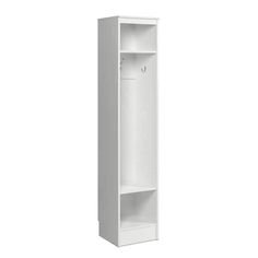 a white cabinet with an open door on the front and bottom shelf, against a white background