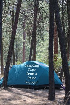 there is a blue tent in the woods with writing on it that says camping tips from a park ranger