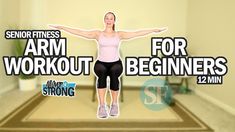 a woman standing on top of a mat in front of a sign that says, senior fitness arm workout for beginners