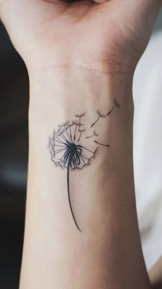 a woman's wrist with a dandelion tattoo on it