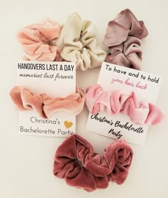 four scrunffle hair clips in different colors and sizes, with one for each girl