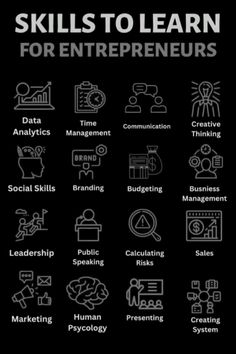 the skills to learn for entrepreneurs are shown in this black and white poster, which includes icons