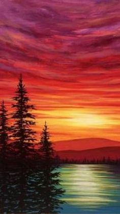 a painting of a sunset with trees in the foreground