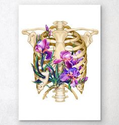 a skeleton with flowers on it's chest in front of a white wall background