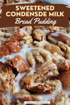 a close up of bread pudding with icing