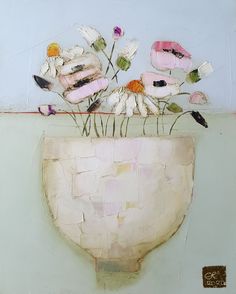 a painting of flowers in a white vase