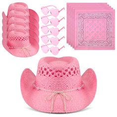 PRICES MAY VARY. Amount of Packaging: the package comes with 5 pieces of pink straw cowboy hats for women, 5 pairs of pink clear heart shape sunglasses, and 5 pieces of pink bandana, classic match never goes out of style, suitable for parties, games and other dress up, enough quantity and classic styles can meet your use or replacement needs Pink Bandanas: the pink printed scarf is made of polyester with a clear pattern and soft and comfortable to use, it is approx. 53 x 54 cm/ 20.87 x 21.26 inches, the right size for many purposes, such as a hairband, headband, or wrapped around a bag as a decorative item Pink cowgirl hat for women: our pink cowboy hat is made of paper straw material, fine workmanship, simple and generous appearance, with a neck drawstring design, you can adjust according