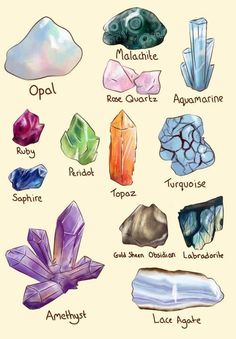 the different types of crystals are shown in this drawing, which shows them all different colors and sizes