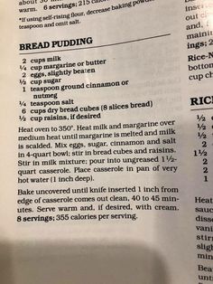 an open book with instructions for bread pudding