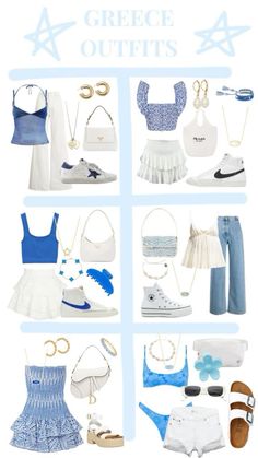 Preppy Greece Outfits, Summer Outfits Greece Vacations, Greece Style Bikinis, Greece Summer Vacation, Greece Fits Aesthetic, Outfit Inspo For Greece, Greece Vacation Aesthetic Outfit, Blue Outfit Preppy, Blue And White Greece Outfit