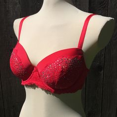 Pretty Bits Of Sparkle Added To This Vs Bra. In Like Brand New Condition. All Bras 2/20 Victoria's Secret Red Bra For Night Out, Victoria's Secret Red Party Bra, Red Padded Party Bra, Red Fitted Bra For Parties, Red Party Bra, Red Fitted Bra With Padded Cups, Fitted Red Bra With Padded Cups, Bling Bra, Maid Lingerie