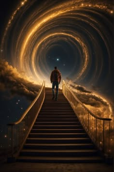 a man is walking up some stairs towards the sky with spiral clouds in the background