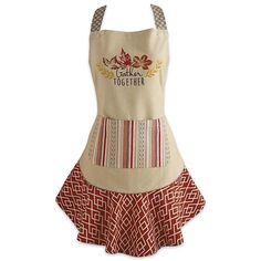 an apron with the words gather together printed on it, and a red skirt underneath