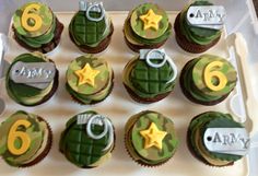 cupcakes with army themed frosting in a box