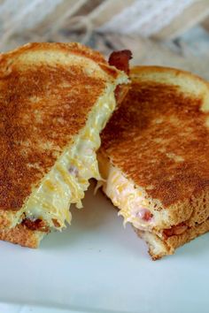 a grilled cheese sandwich cut in half on a white plate