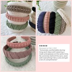 four different types of knitted headbands on a white bed with pink and green accents