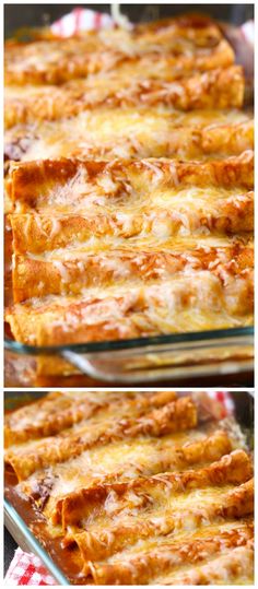 two pictures of lasagna casserole with cheese on top and bottom side