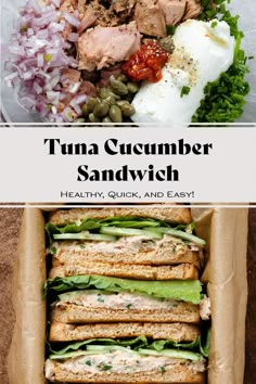 This Tuna Cucumber Sandwich is packed with flavor and super easy to make! You can keep it simple with just cucumber or add more veggies like lettuce, tomatoes, red onion, or roasted bell peppers! The sandwich makes a great quick lunch, snack, or a small dinner. The main ingredients are canned tuna, soft goat cheese, and chili garlic sauce for some added heat! Handheld Meals, Keto Bites, Tuna Cucumber, Cucumber Sandwiches Recipes, Roasted Bell Peppers, Cucumber Sandwich, Smoked Salmon Bagel, Snacks Vegan