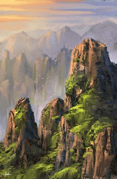 a painting of mountains with trees and grass