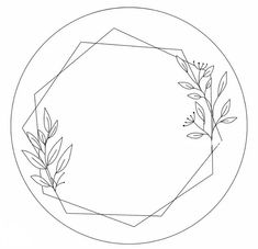 a black and white drawing of leaves in a circle with a pentagon on the side