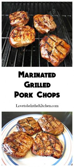 grilled pork chops on the grill with text overlay that reads marinated grilled pork chops