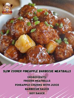 a bowl filled with pineapple barbecue meatballs