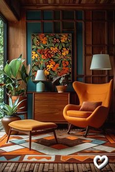 an orange chair and ottoman in a living room