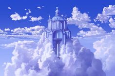 a castle in the sky surrounded by clouds