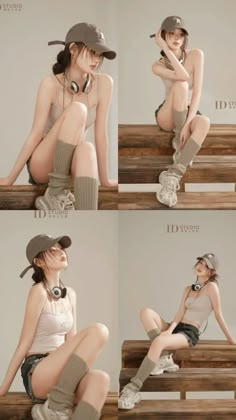 three pictures of a woman sitting on top of a wooden bench wearing headphones and socks