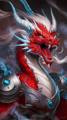 a red and white dragon with blue eyes on it's head, in front of clouds