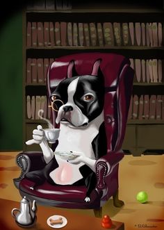 a dog is sitting in a chair with a cup and saucer on his lap