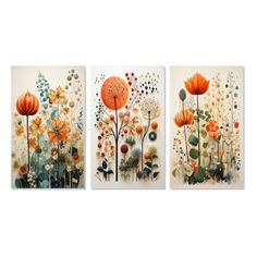 three paintings with flowers on them in different colors and sizes, one is orange and the other is white