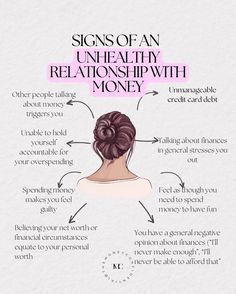 a woman's head with the words signs of an unhealthy relationship with money