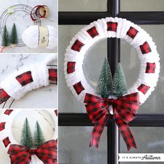 the wreath is decorated with red and white plaid fabric, pine trees, and ribbon